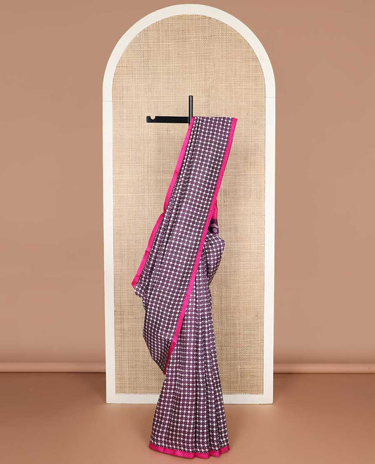 Cream checked printed silk saree with contrast border &  floral design pallu