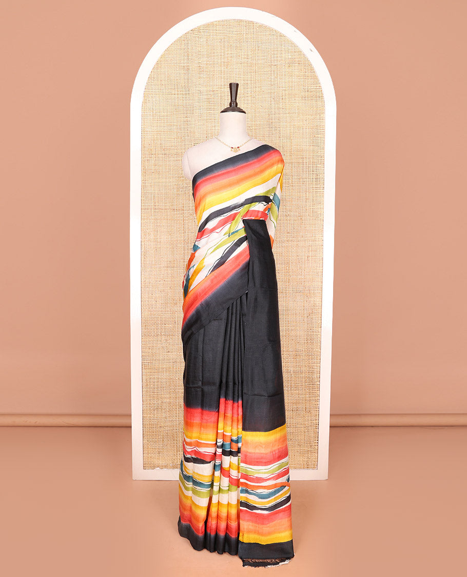 Black-base multi-color striped printed saree, self-pallu of colorful stripes