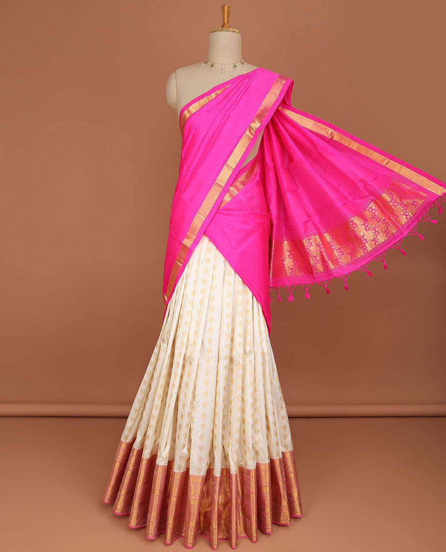 white floral buttas pure silk half saree with contrast intricate zari design border, zari design blouse & floral zari design dhavani