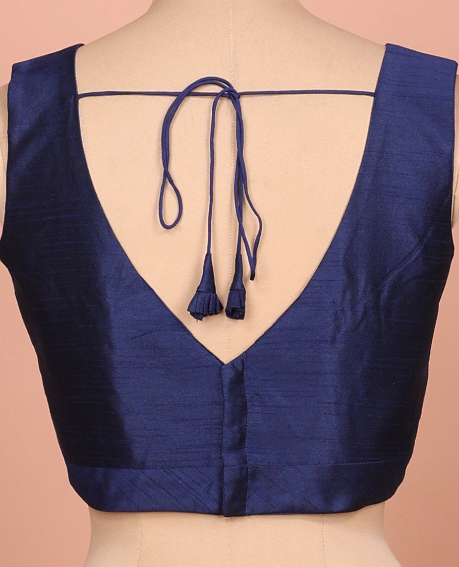Navy blue plain front-back V-neck sleeveless readymade blouse