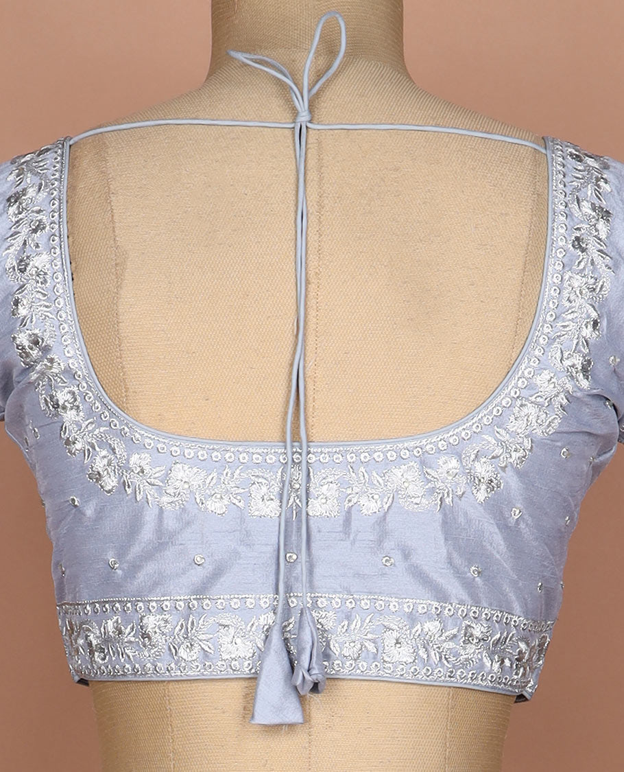 Grey intricately thread embroidered round neck elbow sleeve raw silk readymade blouse