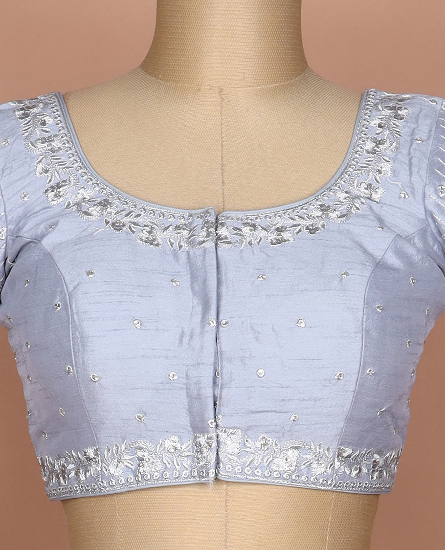 Grey intricately thread embroidered round neck elbow sleeve raw silk readymade blouse