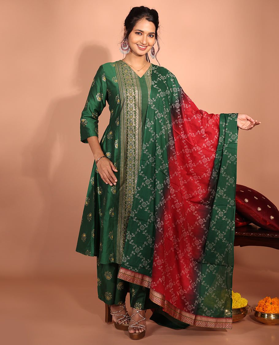 Green Rayon Floral Readymade Suit