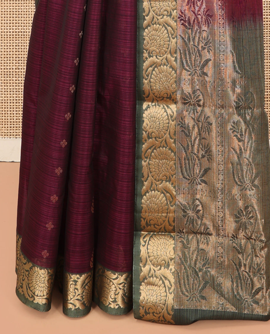 Wine Silk Cotton Saree, Adorned with Zari Buttas, a Contrast Floral Creeper Border, Grand Pallu, and a Contrast Blouse