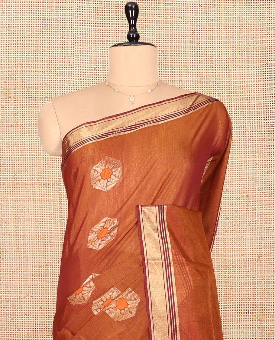Brown Silk Cotton Saree, Beautified with Buttas, a Contrast Zari Border, Pallu of Intricate Designs, and a Contrast Blouse
