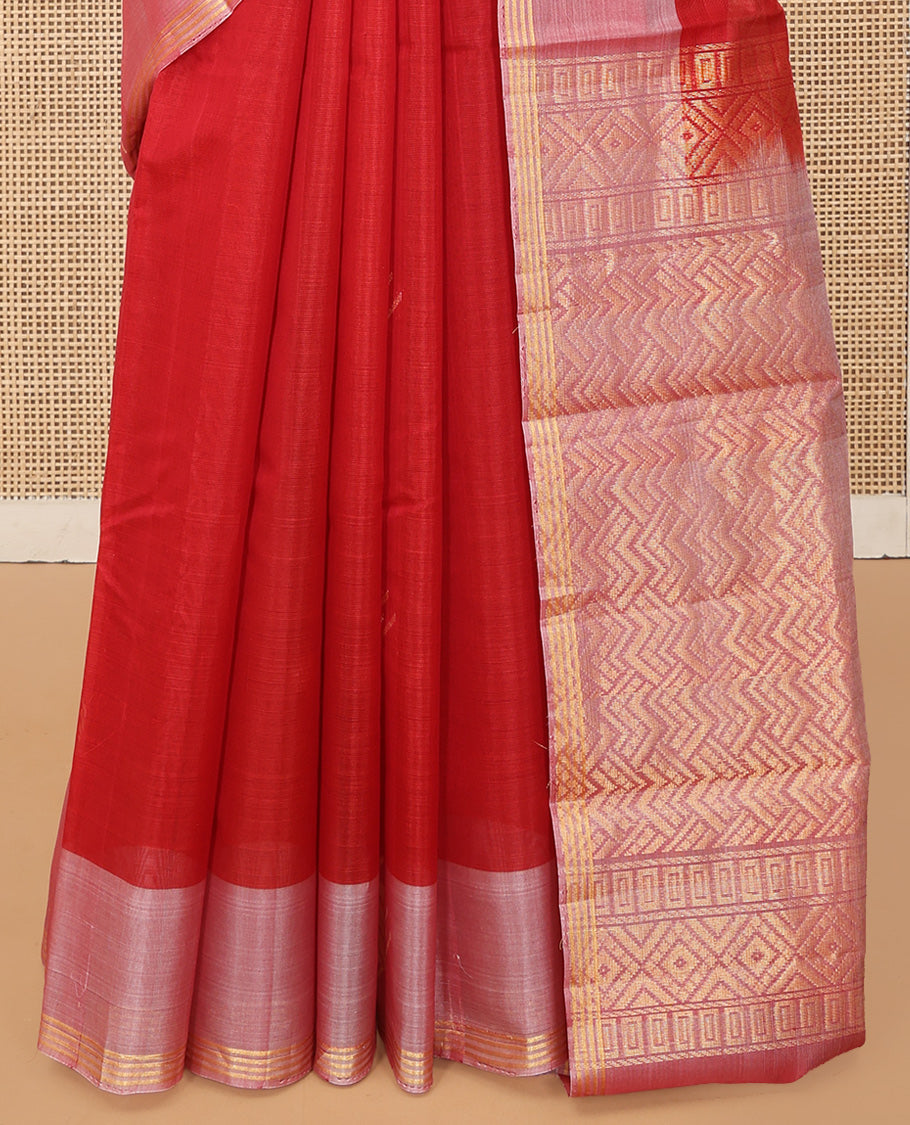Red Silk Cotton Saree Featuring Zari Buttas, a Contrast Zari Buttas Border, Geometric Patterned Pallu, and a Contrast Blouse