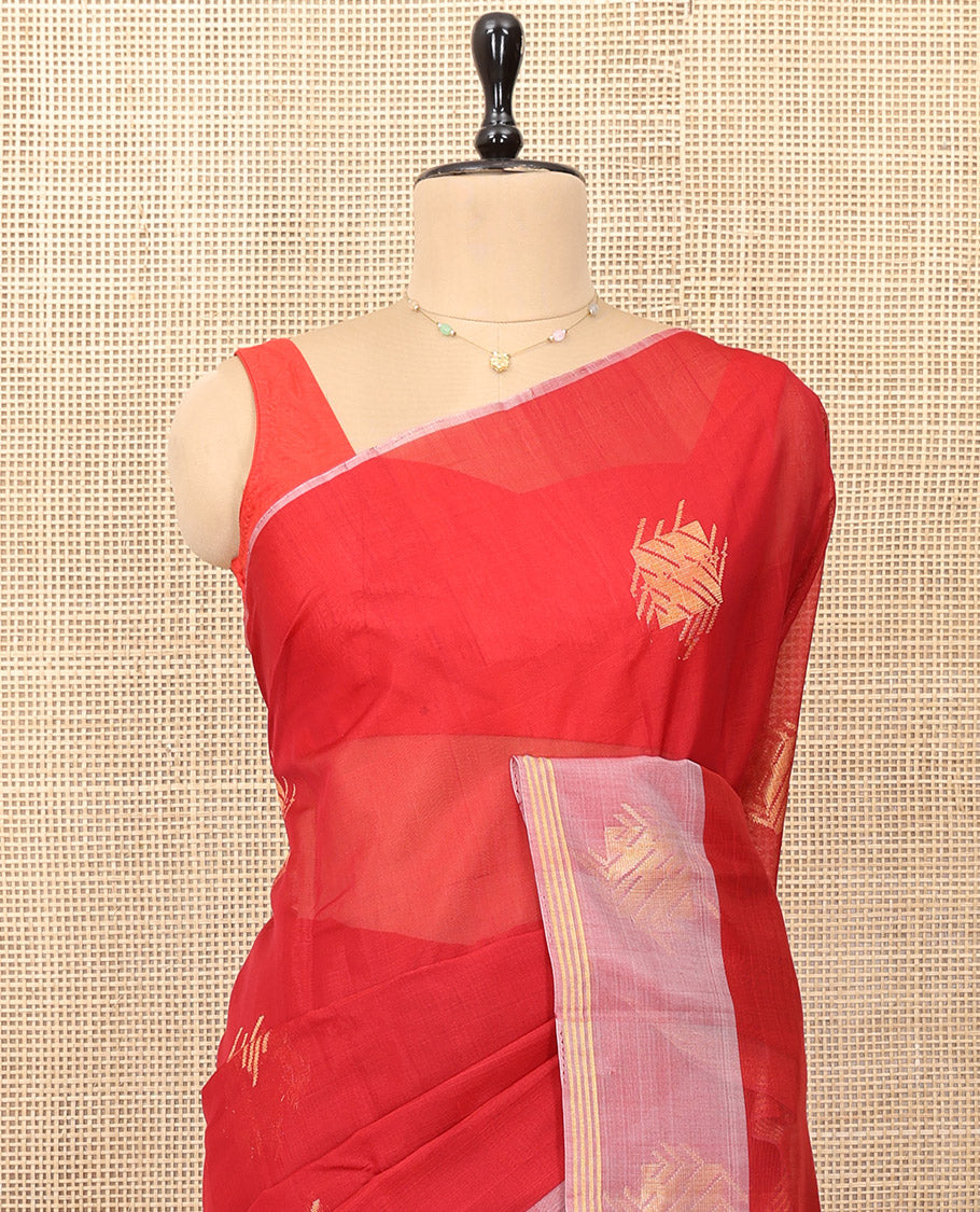 Red Silk Cotton Saree Featuring Zari Buttas, a Contrast Zari Buttas Border, Geometric Patterned Pallu, and a Contrast Blouse