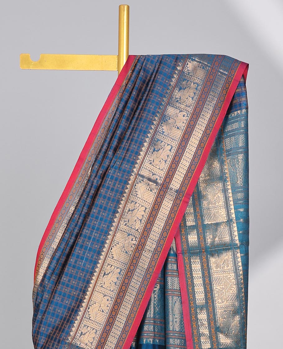 Blue motifs enclosed with checked cotton silk saree with self traditional zari design border & intricate zari design pallu