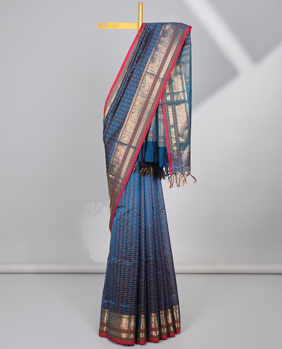 Blue motifs enclosed with checked cotton silk saree with self traditional zari design border & intricate zari design pallu