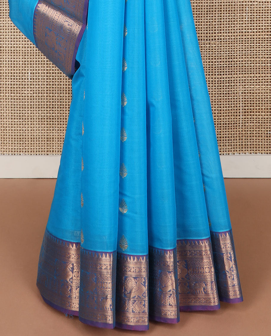 light blue motifs silk cotton saree with contrast zari design border & argyle design pallu