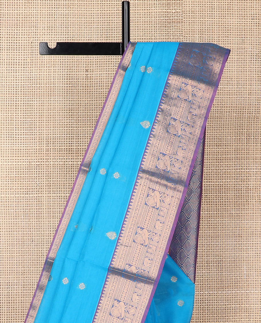 light blue motifs silk cotton saree with contrast zari design border & argyle design pallu