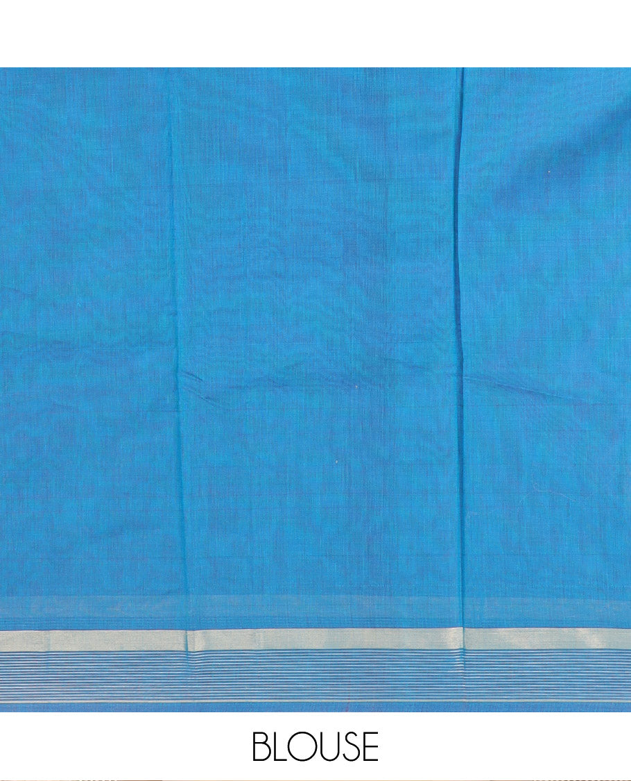 Blue Silk Cotton Saree Decked Up with Buttas All Over the Body, Complemented by a Contrast Zari Striped Border, Featuring a Contrast Pallu of Geometric Zari Designs, and Paired with a Contrast Blouse