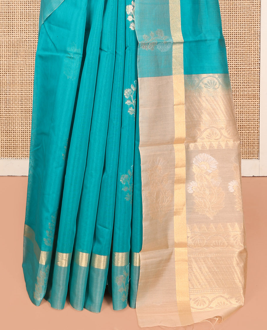 Blue Silk Cotton Saree, Adorned with Zari Buttas, Highlighted by Zari Motifs Woven Border, Contrast Intricately Designed Pallu, and a Contrast Blouse