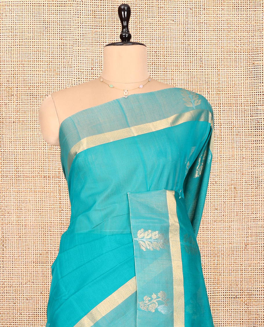 Blue Silk Cotton Saree, Adorned with Zari Buttas, Highlighted by Zari Motifs Woven Border, Contrast Intricately Designed Pallu, and a Contrast Blouse