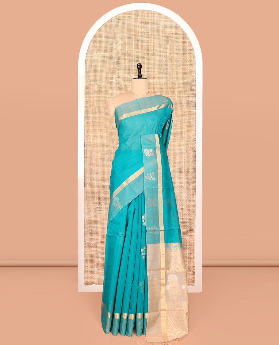 Blue Silk Cotton Saree, Adorned with Zari Buttas, Highlighted by Zari Motifs Woven Border, Contrast Intricately Designed Pallu, and a Contrast Blouse