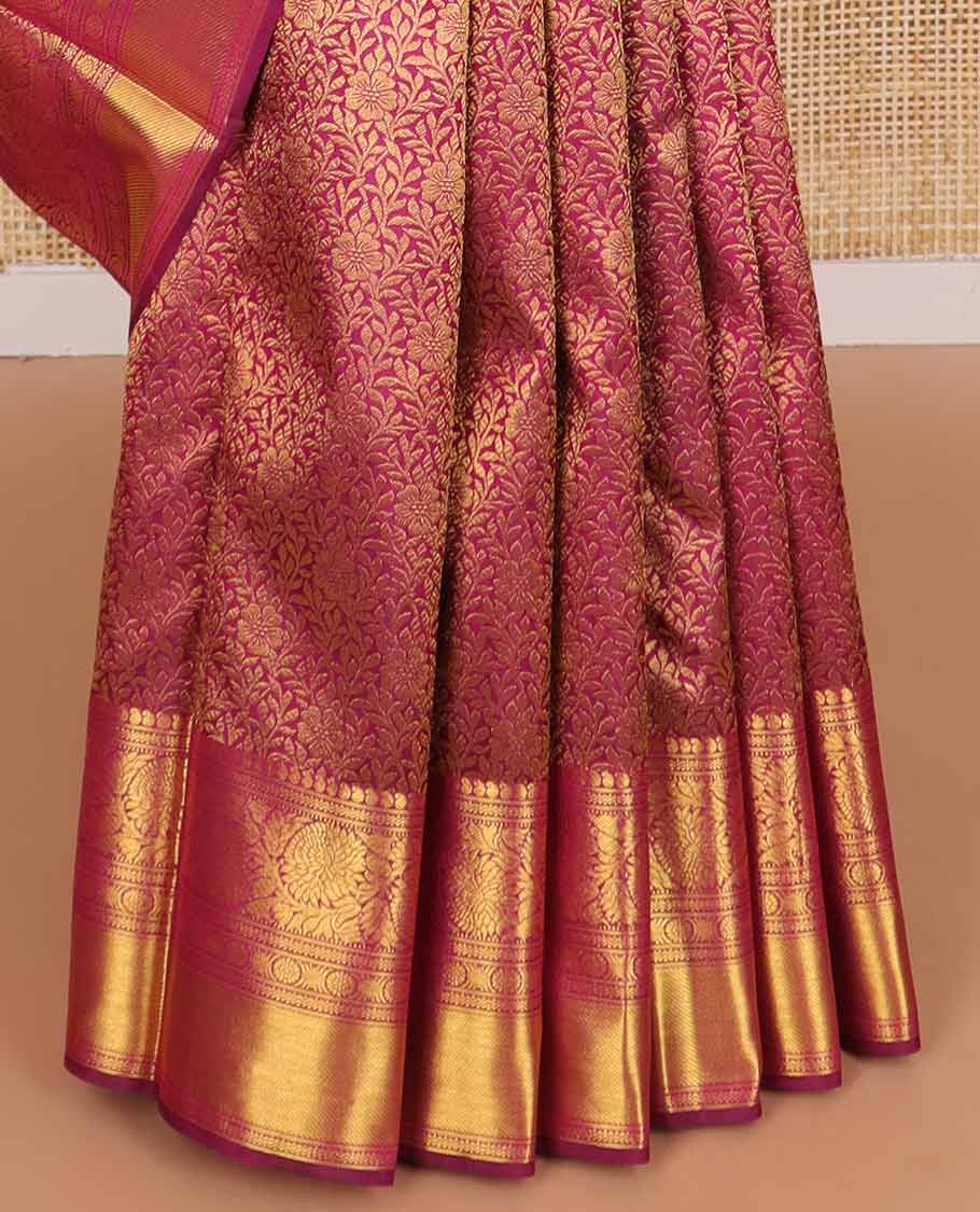 Dark pink floral vine design silk saree with self border of manga,muthu, kodi visiry banaras design & zari design pallu