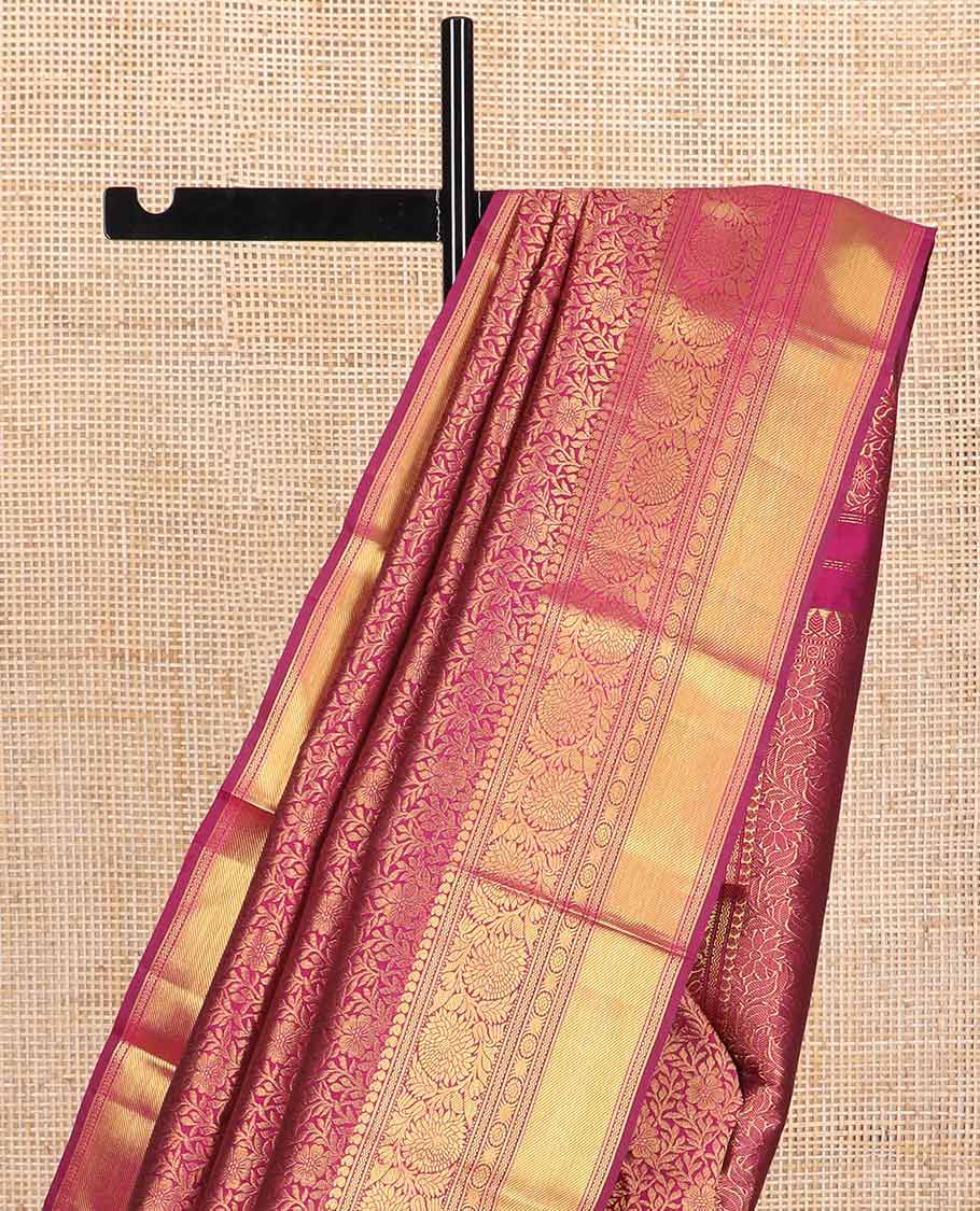 Dark pink floral vine design silk saree with self border of manga,muthu, kodi visiry banaras design & zari design pallu