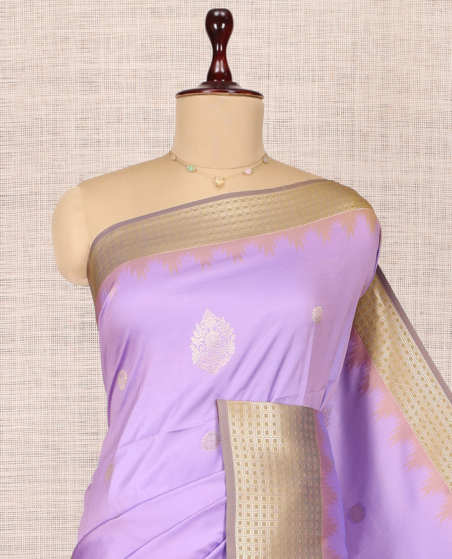 Lavender Fancy Soft Silk Saree, Accentuated with Zari Buttas, Complemented by Contrast Zari Checked Temple Border, Grand Pallu, and a Contrast Blouse