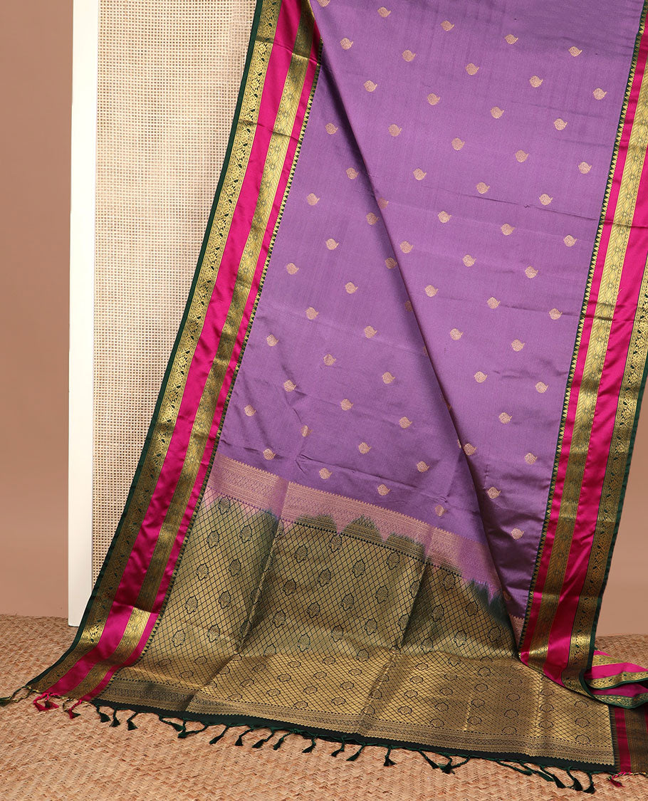 Purple zari buttas soft silk saree, contrast traditional design zari rettai pettu border, and intricate pallu