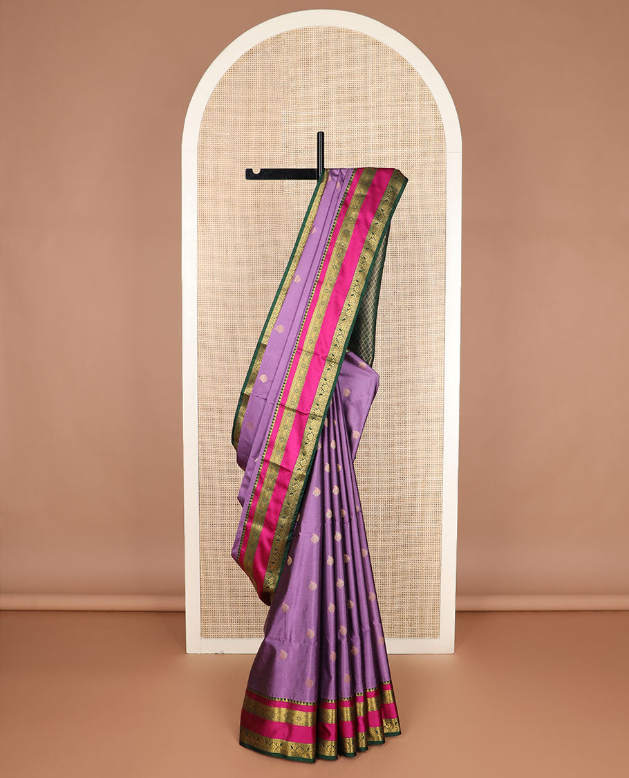 Purple zari buttas soft silk saree, contrast traditional design zari rettai pettu border, and intricate pallu