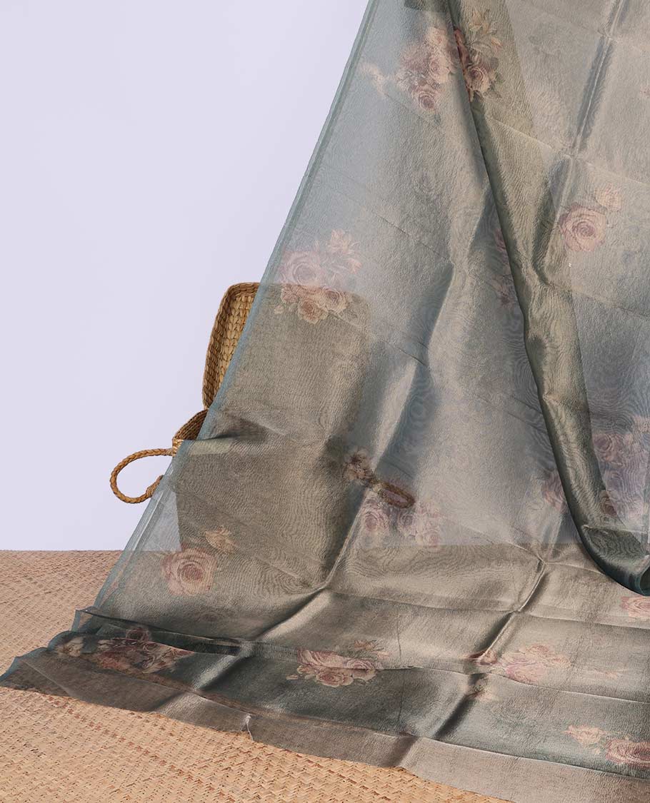 Borderless grey all-over floral printed semi - banaras tissue saree