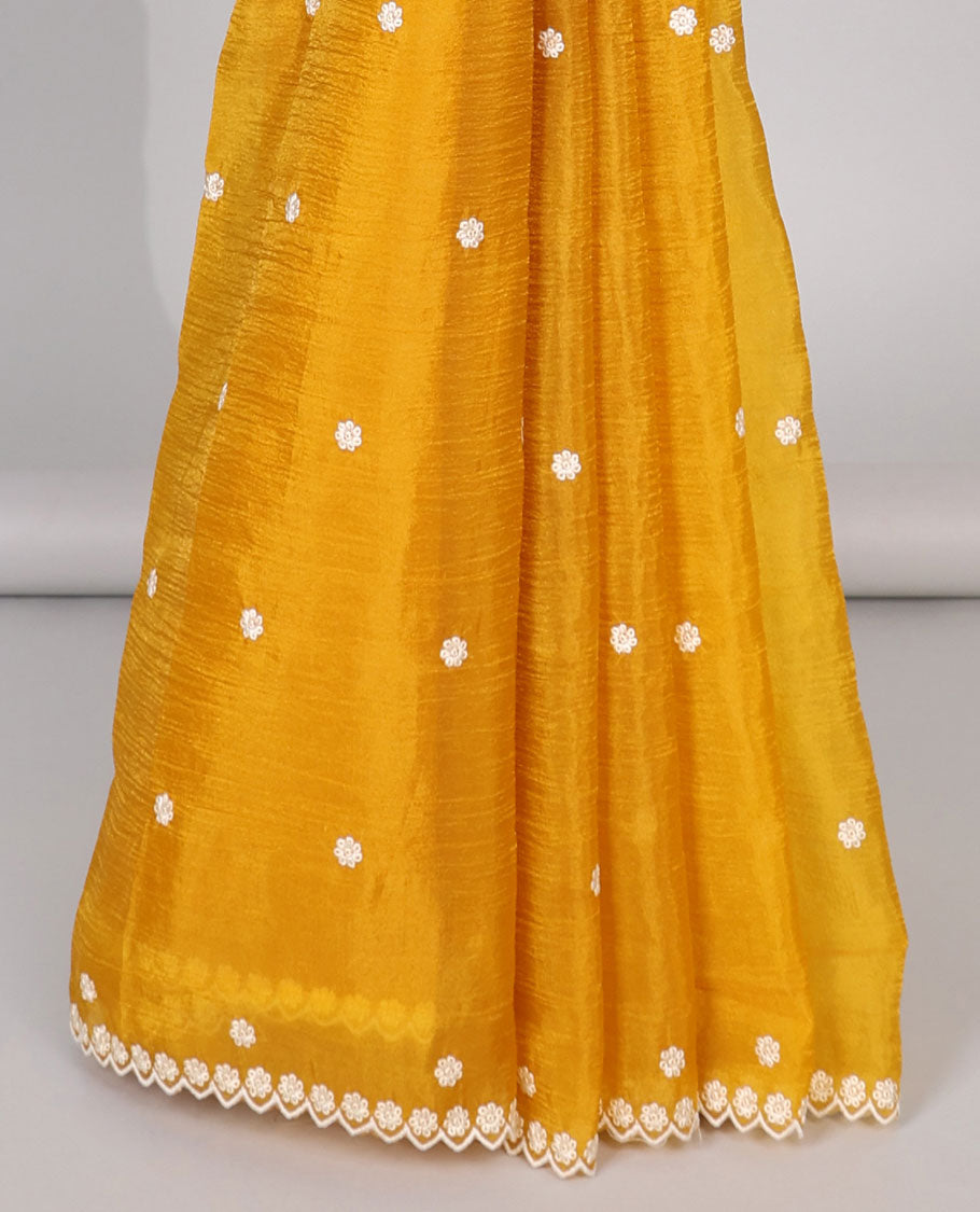 Pink Crushed Tissue saree with scallop motif border and intricate motif embroidery pallu