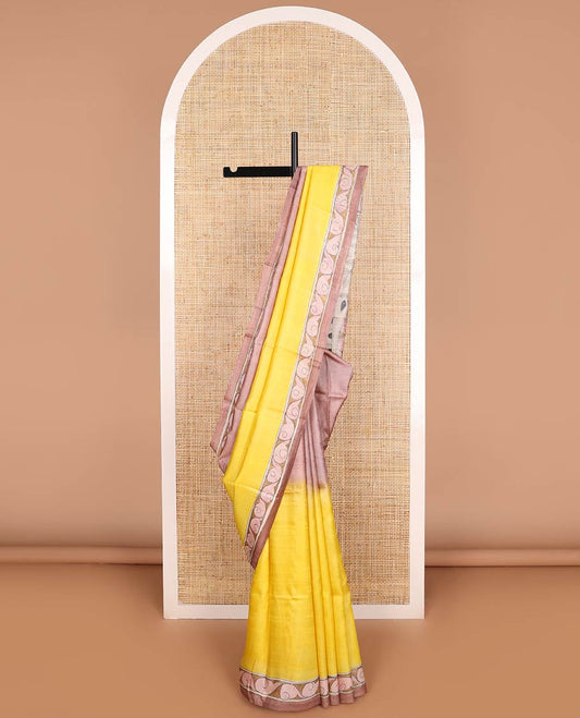 Maroon ogee design tussar saree with contrast floral design border & block floral print design pallu