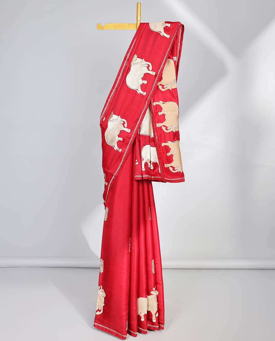Red floral motifs semi-banaras tussar saree with self pichwai border & zari design pallu