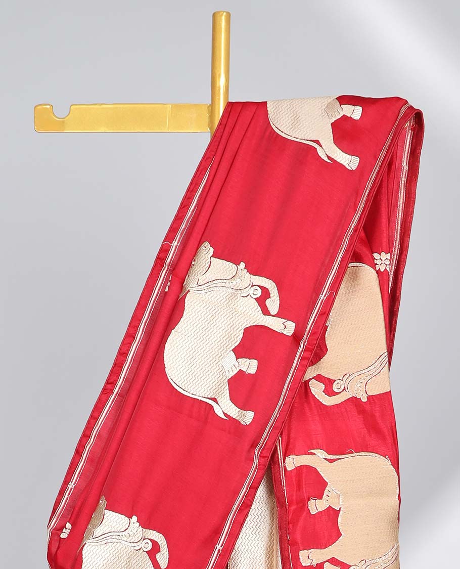 Red floral motifs semi-banaras tussar saree with self pichwai border & zari design pallu