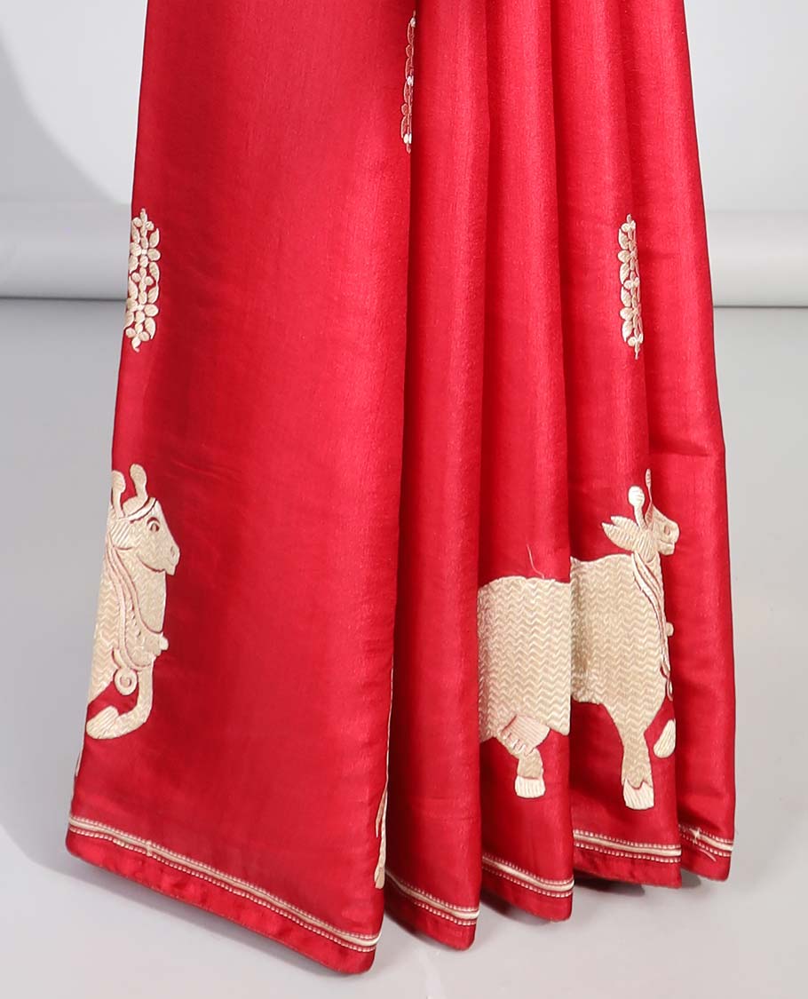 Red floral motifs semi-banaras tussar saree with self pichwai border & zari design pallu