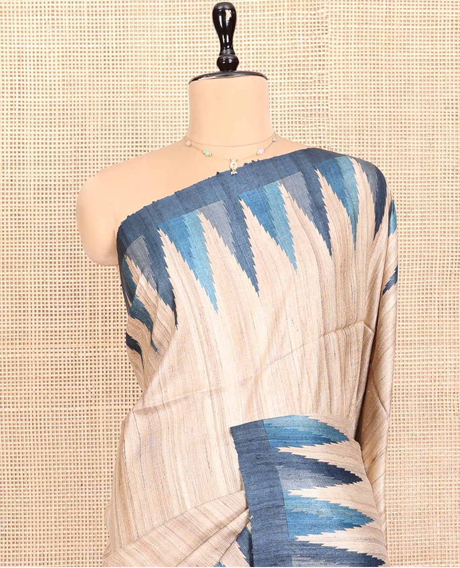 Cream Heathered Tussar Silk Saree, Complemented by a Contrast Temple Border, Contrast Ikkat Weave Pallu, and a Contrast Blouse
