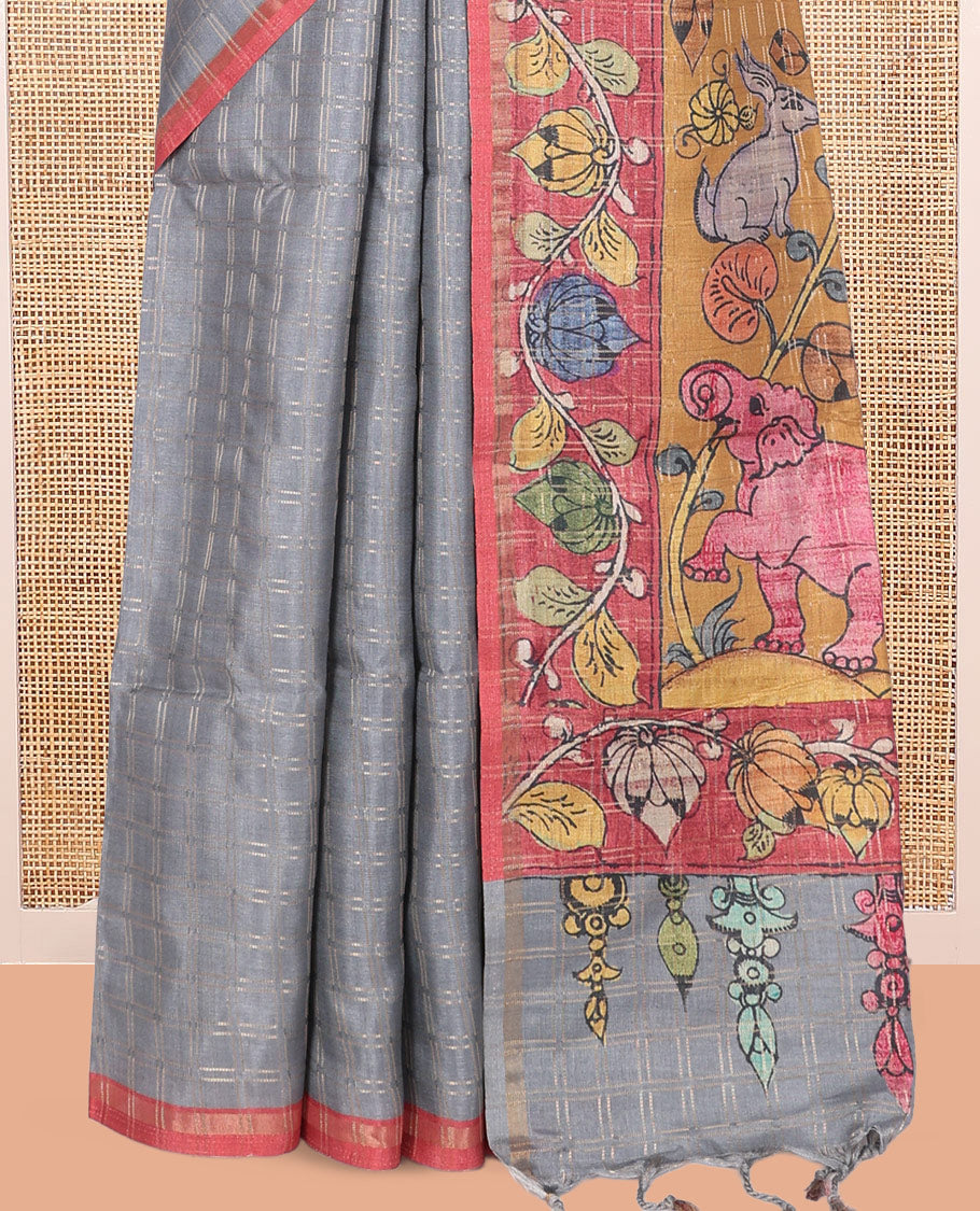 Grey Fancy Tussar Silk Saree, Accentuated with Checked Design, Contrast Zari Piping Border, Kalamkari Pallu, and Contrast Kalamkari Printed Blouse