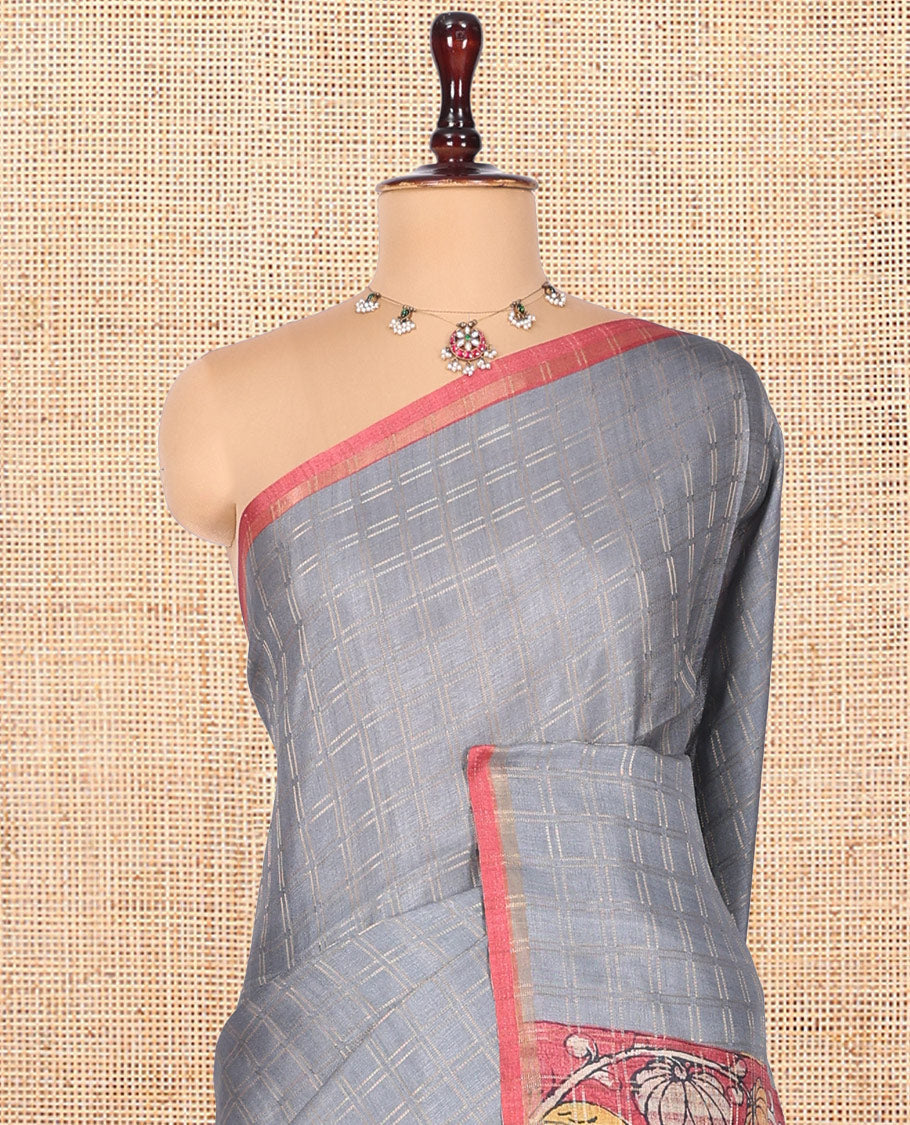 Grey Fancy Tussar Silk Saree, Accentuated with Checked Design, Contrast Zari Piping Border, Kalamkari Pallu, and Contrast Kalamkari Printed Blouse