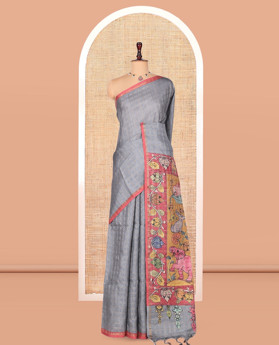 Grey Fancy Tussar Silk Saree, Accentuated with Checked Design, Contrast Zari Piping Border, Kalamkari Pallu, and Contrast Kalamkari Printed Blouse
