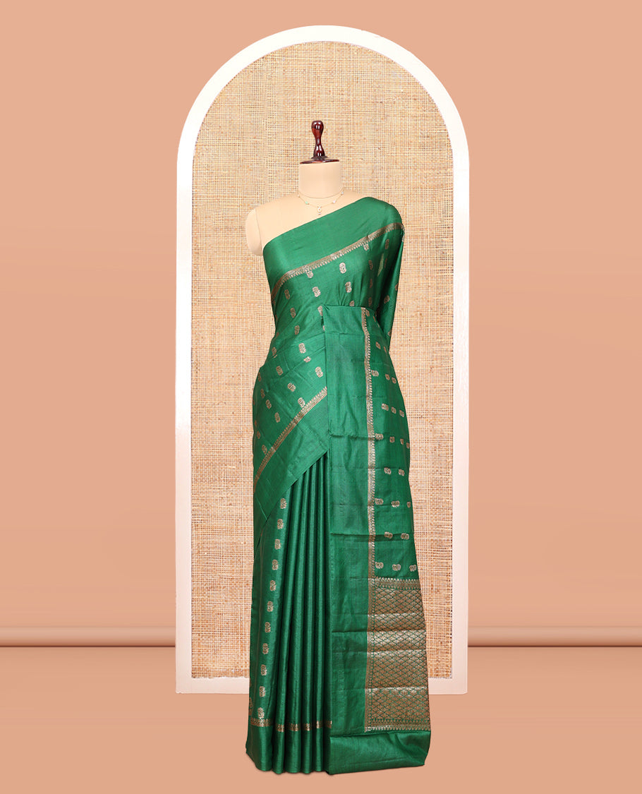 Green Tussar Silk Saree, Elevated with Zari Buttas, a Traditional Zari Border, Jaal Pallu, and a Contrast Blouse