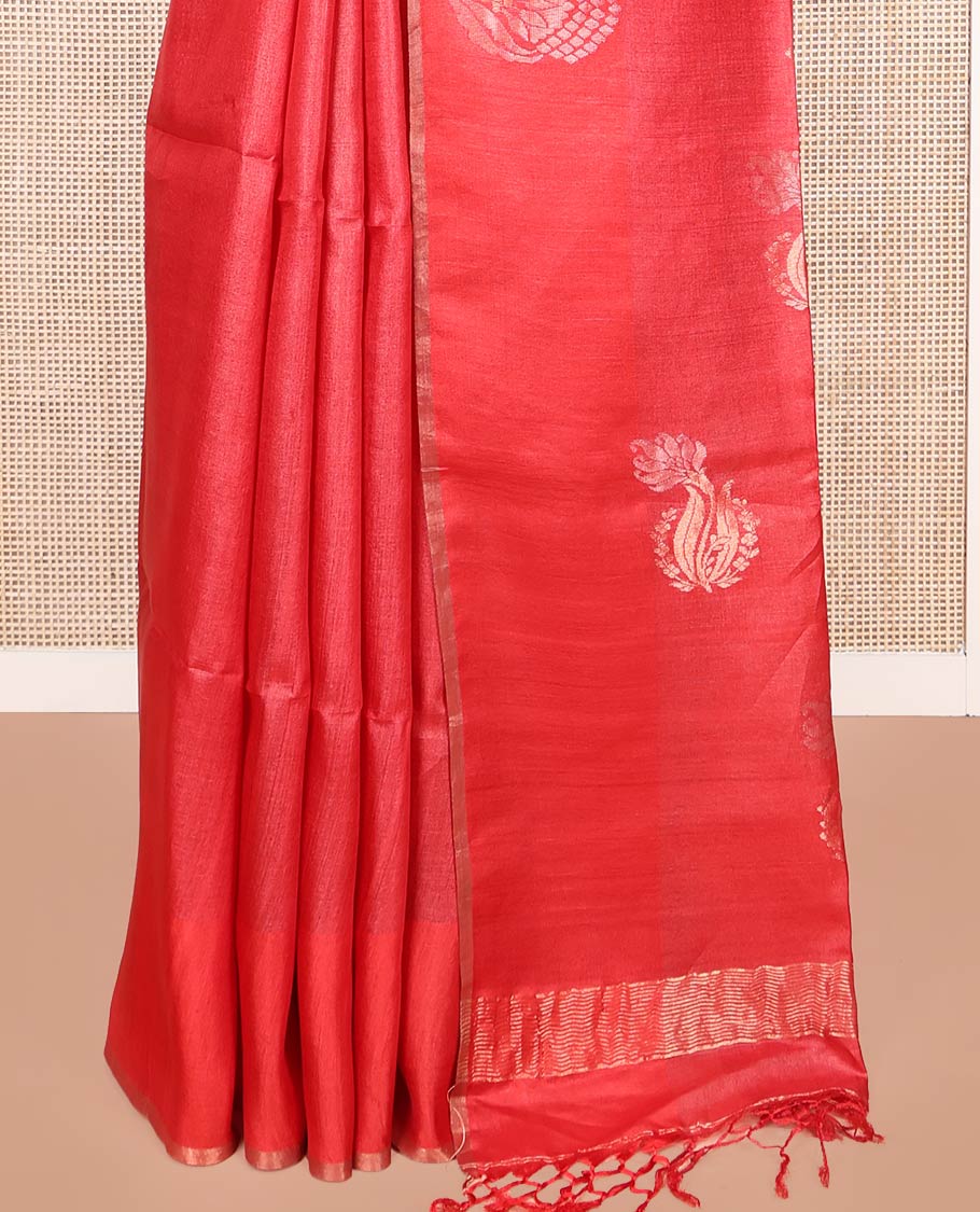 Borderless Red Tussar Silk Saree, Mesmerized with Zari Buttas on Its Body, Pallu Subtly Highlighted by Zari Buttas, and Paired with a Matching Blouse