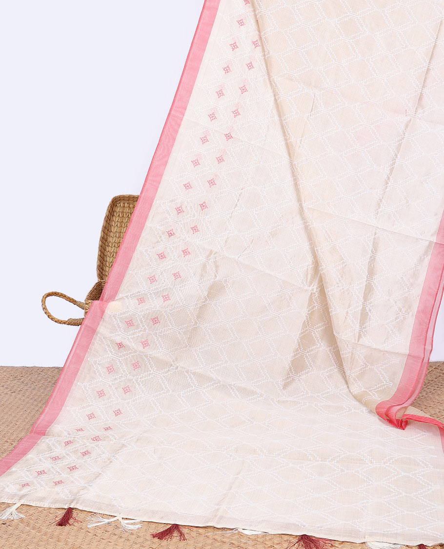 Cream ogee thread embroidery semi-banaras tussar saree with contrast plain border & geometric,ogee embroidered pallu