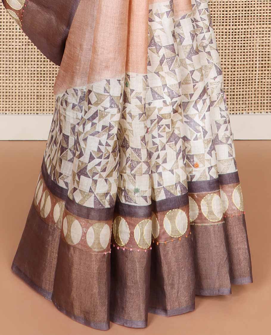 Violet abstract design tussar silk saree with contrast border & geometric design pallu