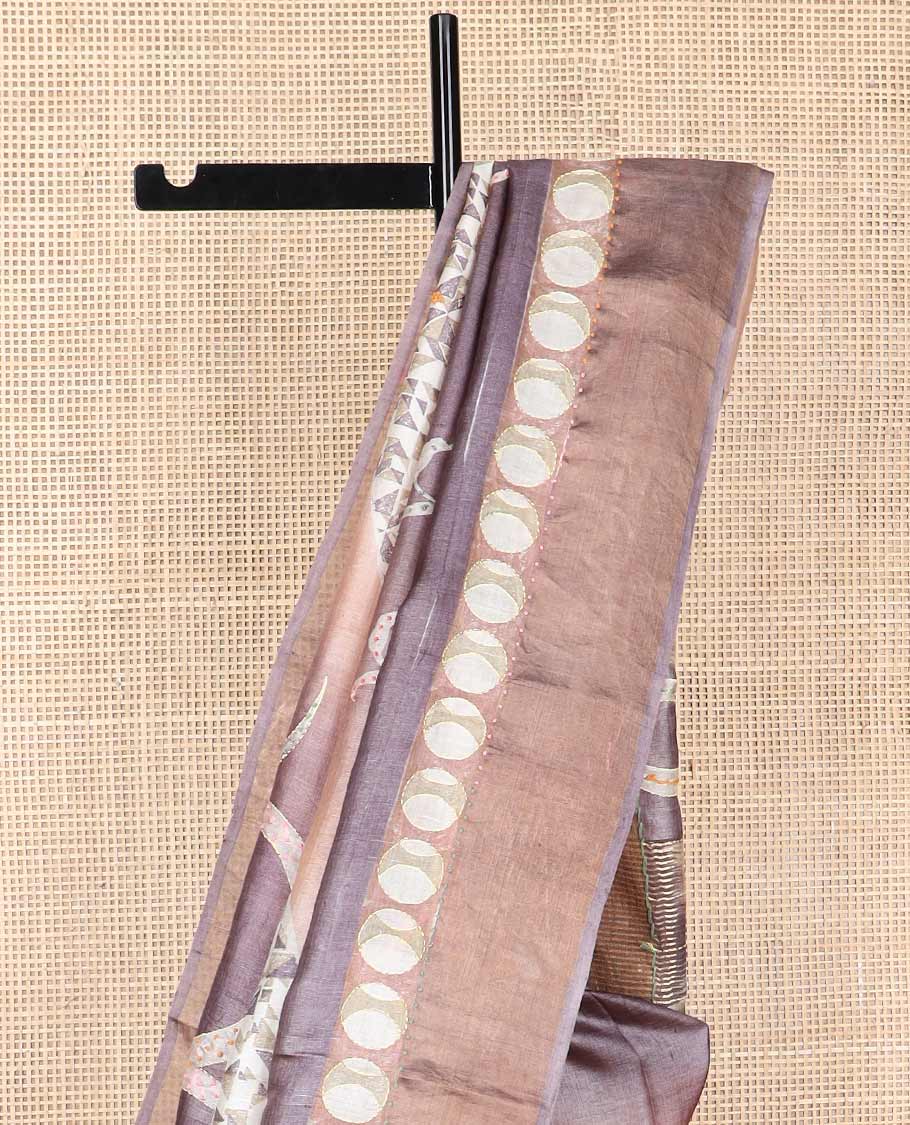 Violet abstract design tussar silk saree with contrast border & geometric design pallu