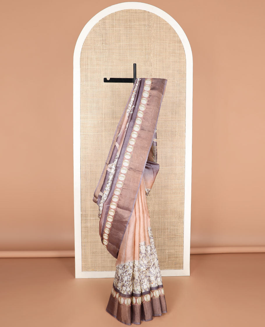 Violet abstract design tussar silk saree with contrast border & geometric design pallu