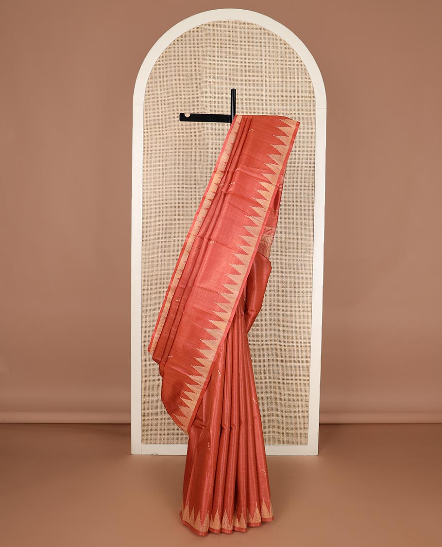 Orange buttas tussar silk saree, temple border and pallu of stripes and temple motifs