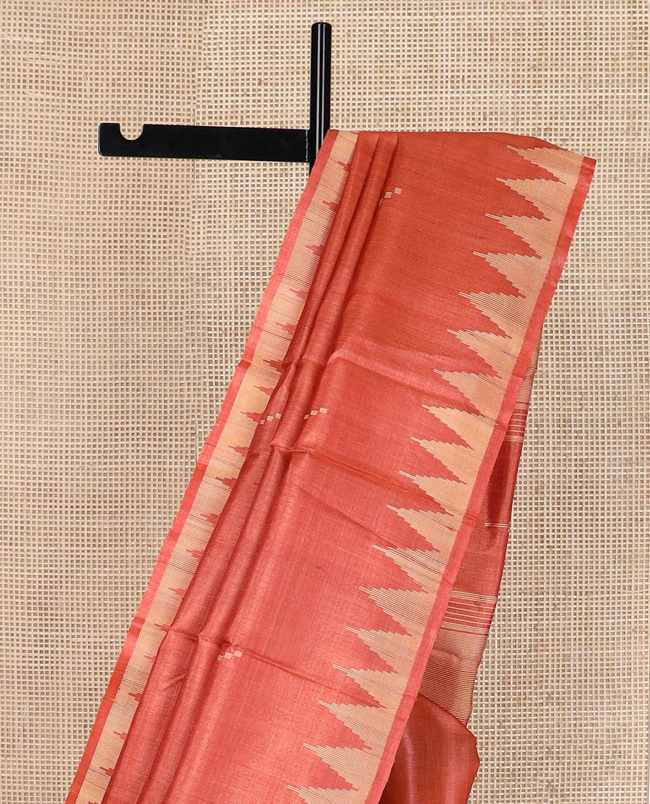 Orange buttas tussar silk saree, temple border and pallu of stripes and temple motifs