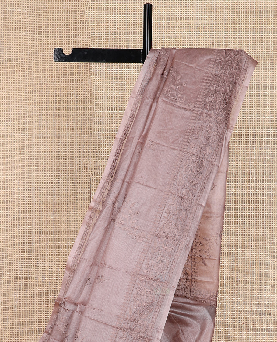 Pastel brown diagonal floral stripes thread embroidered tussar saree, floral creeper embroidered border