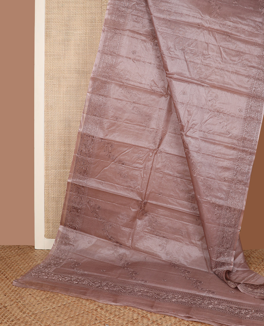 Pastel brown diagonal floral stripes thread embroidered tussar saree, floral creeper embroidered border