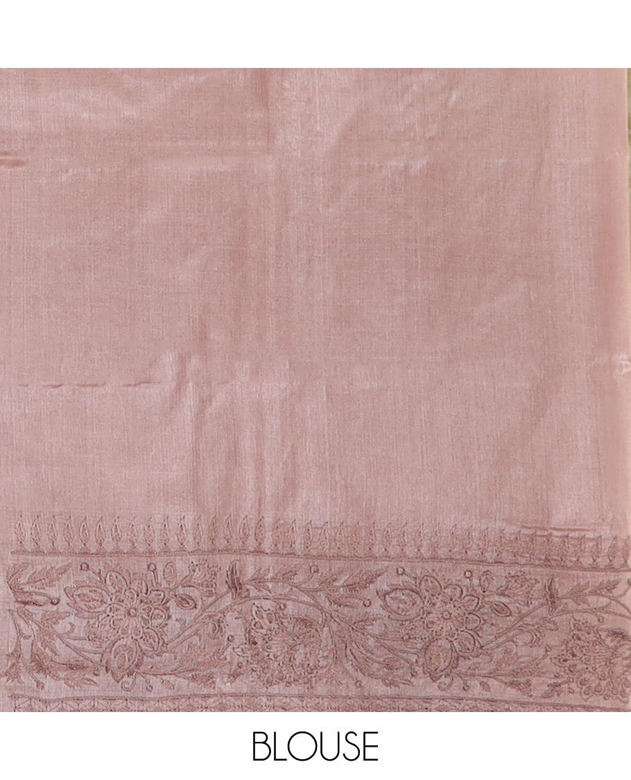 Pastel brown diagonal floral stripes thread embroidered tussar saree, floral creeper embroidered border