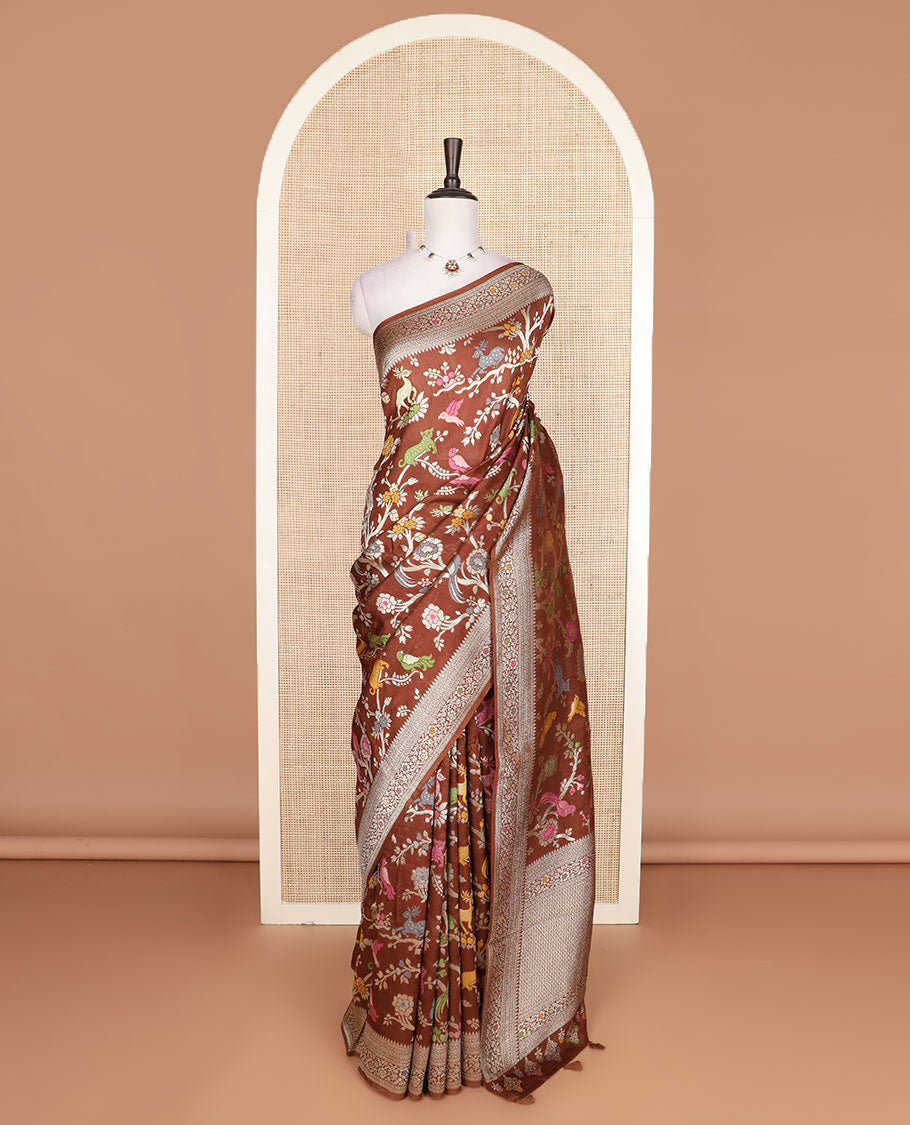 Brown floral vine and animal motifs meenakari design Matka silk saree, traditional design border, and intricate pallu