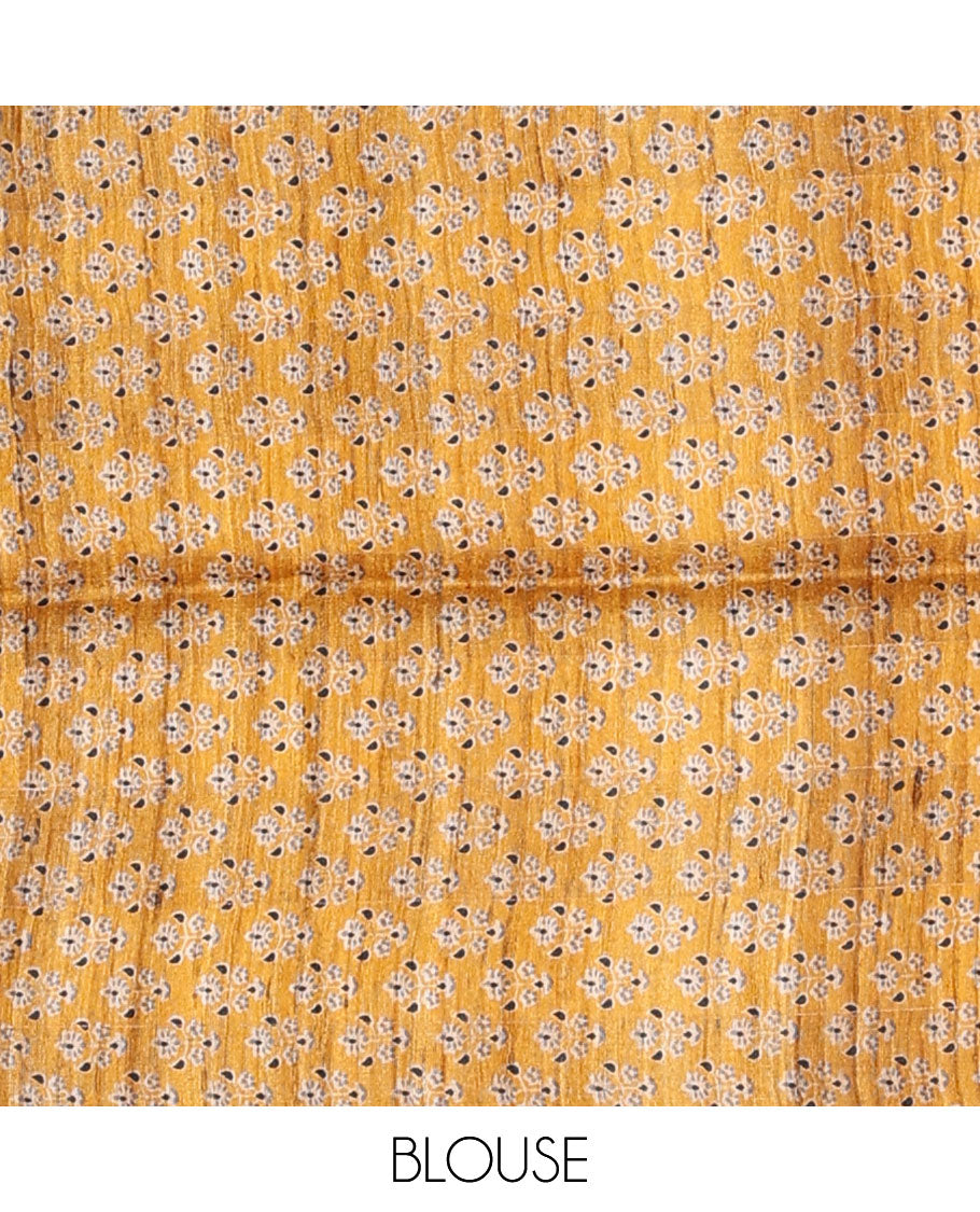 Borderless brown checked tussar saree, contrast paisley & ajrakh-style intricately printed pallu