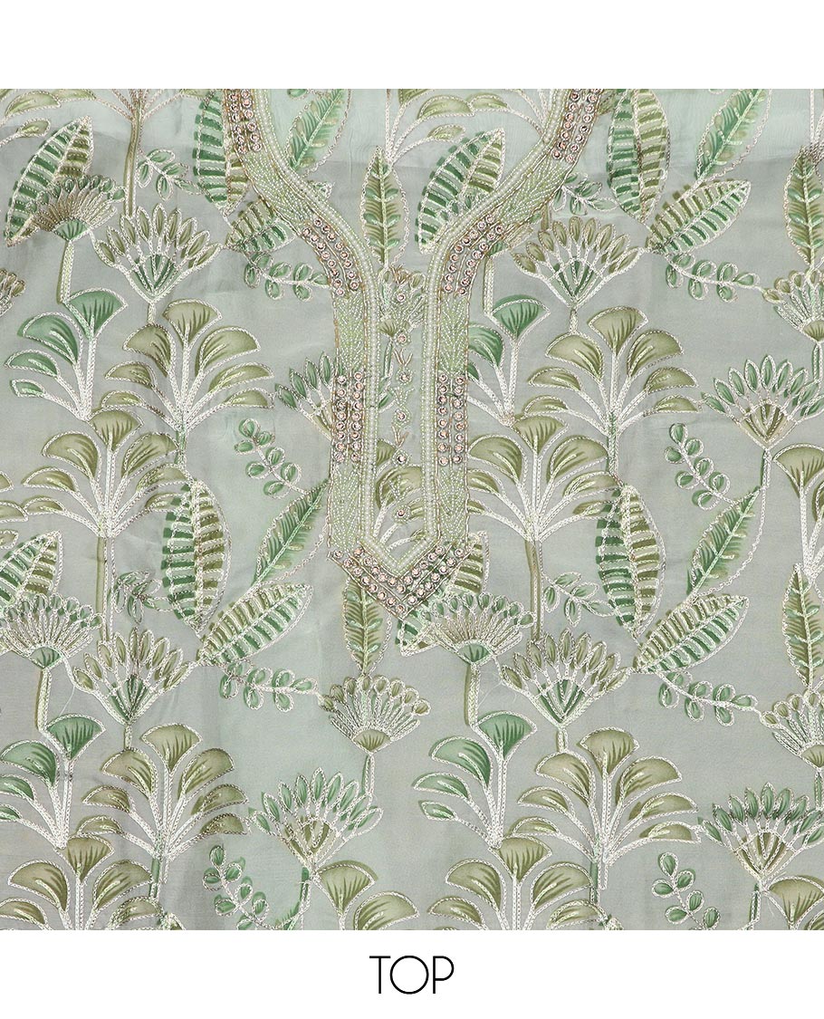 Green material chudidar set, tropical printed with neck embroidered top, plain bottom, and thread embroidered dupatta