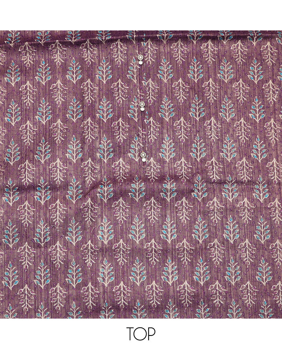 Purple material chudidar set, batik motifs printed top, contrast plain bottom and sequins striped dupatta