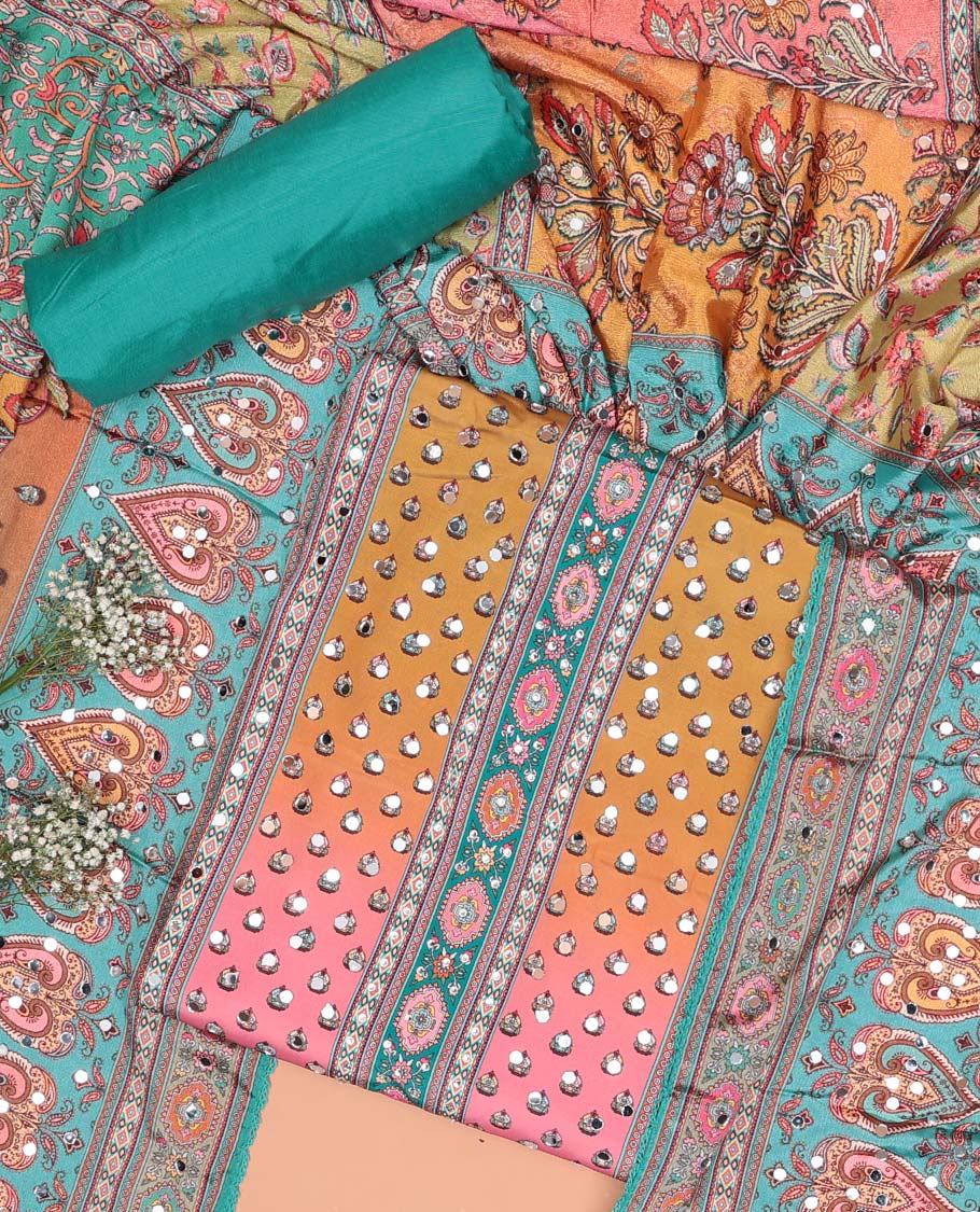 Multi-color chudidhar material set floral design with mirror work, blue plain bottom & floral design mirror work dupatta